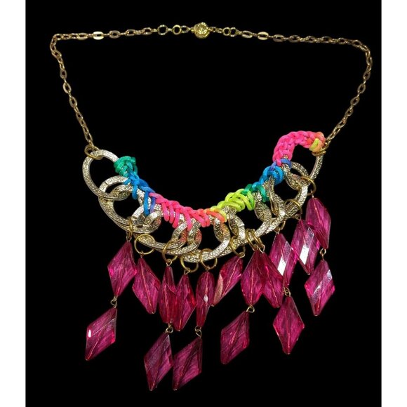 Neon Rainbow Glam Gem Fringe Statement Necklace - Picture 1 of 7